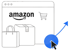 Amazon 온라인 창과 쇼핑백, 배송 상자, 상승 화살표가 함께 있는 론칭 이미지